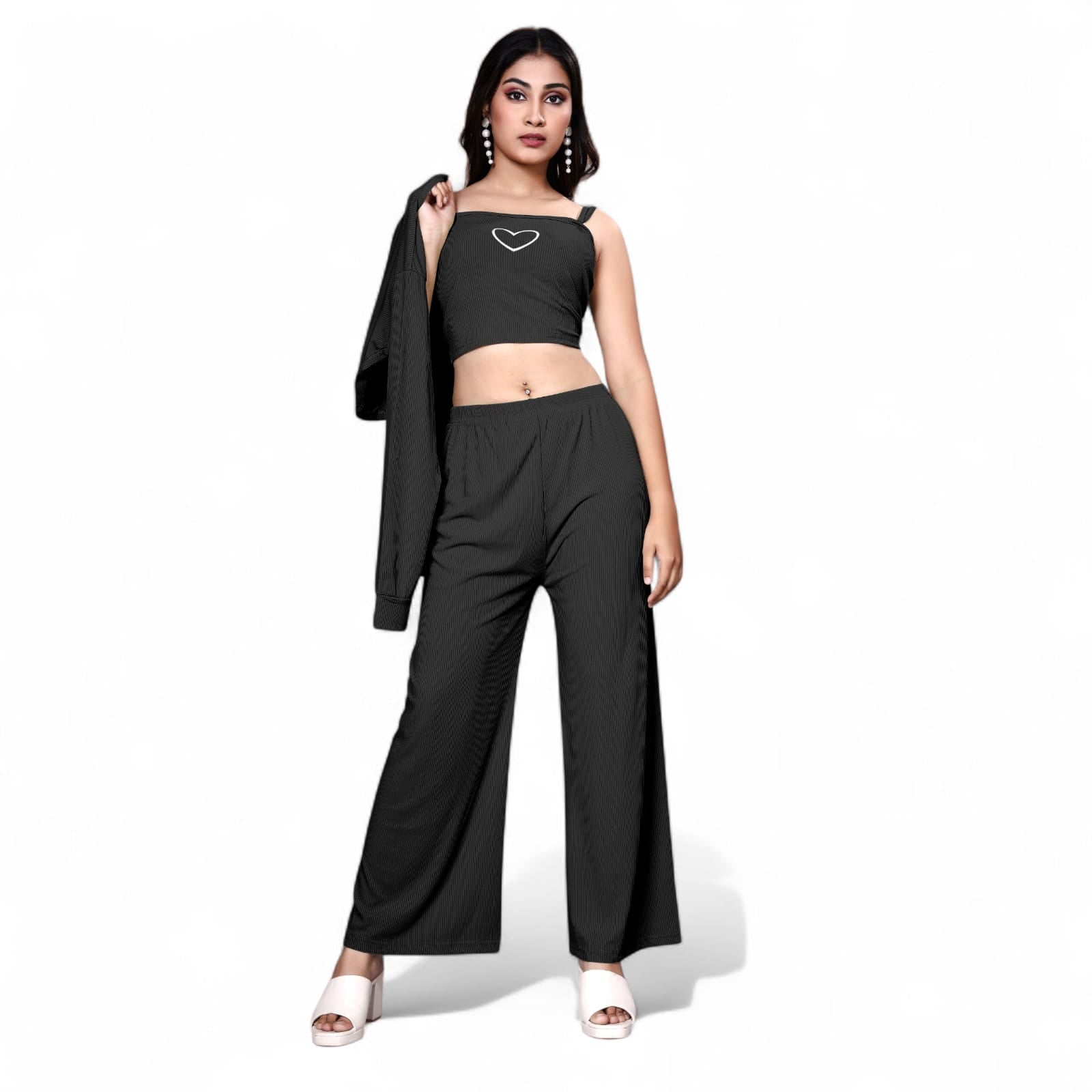 Knit Collared Crop Top in Black And White 3 set