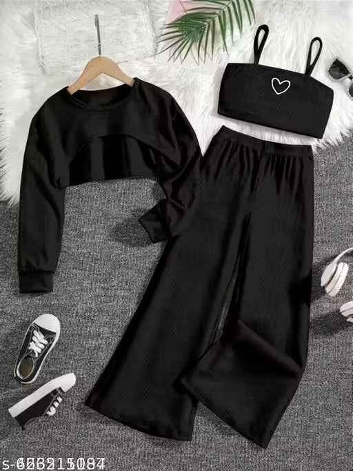 Knit Collared Crop Top in Black And White 3 set